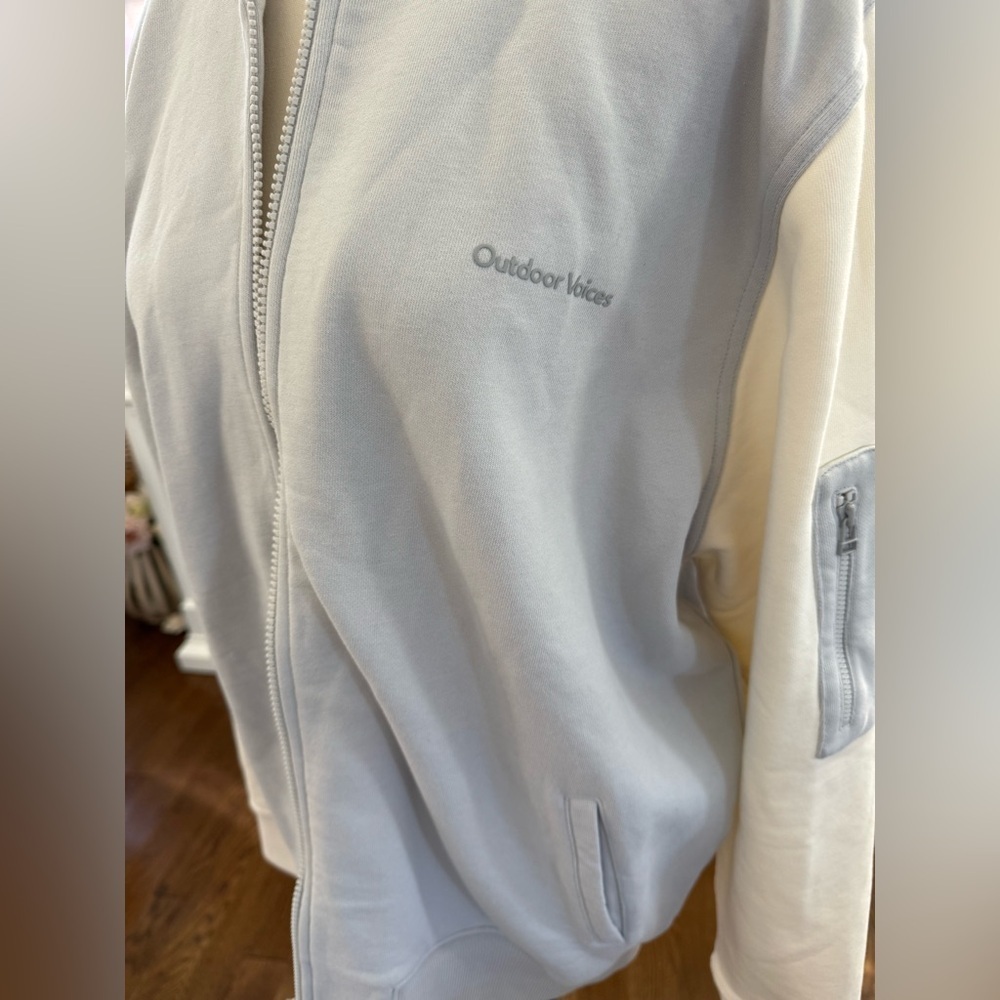 BNWT Outdoor Voices Light Blue and Cream Bomber Jacket small hole in back - Picture 5 of 8